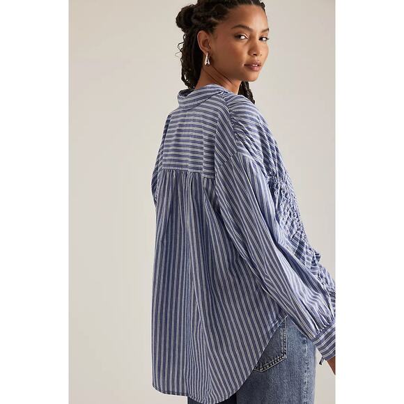 ANTHROPOLOGIE x PILCRO Reworked Ruched Buttondown Shirt Blue Stripe Sz L {PP48} - Picture 3 of 7
